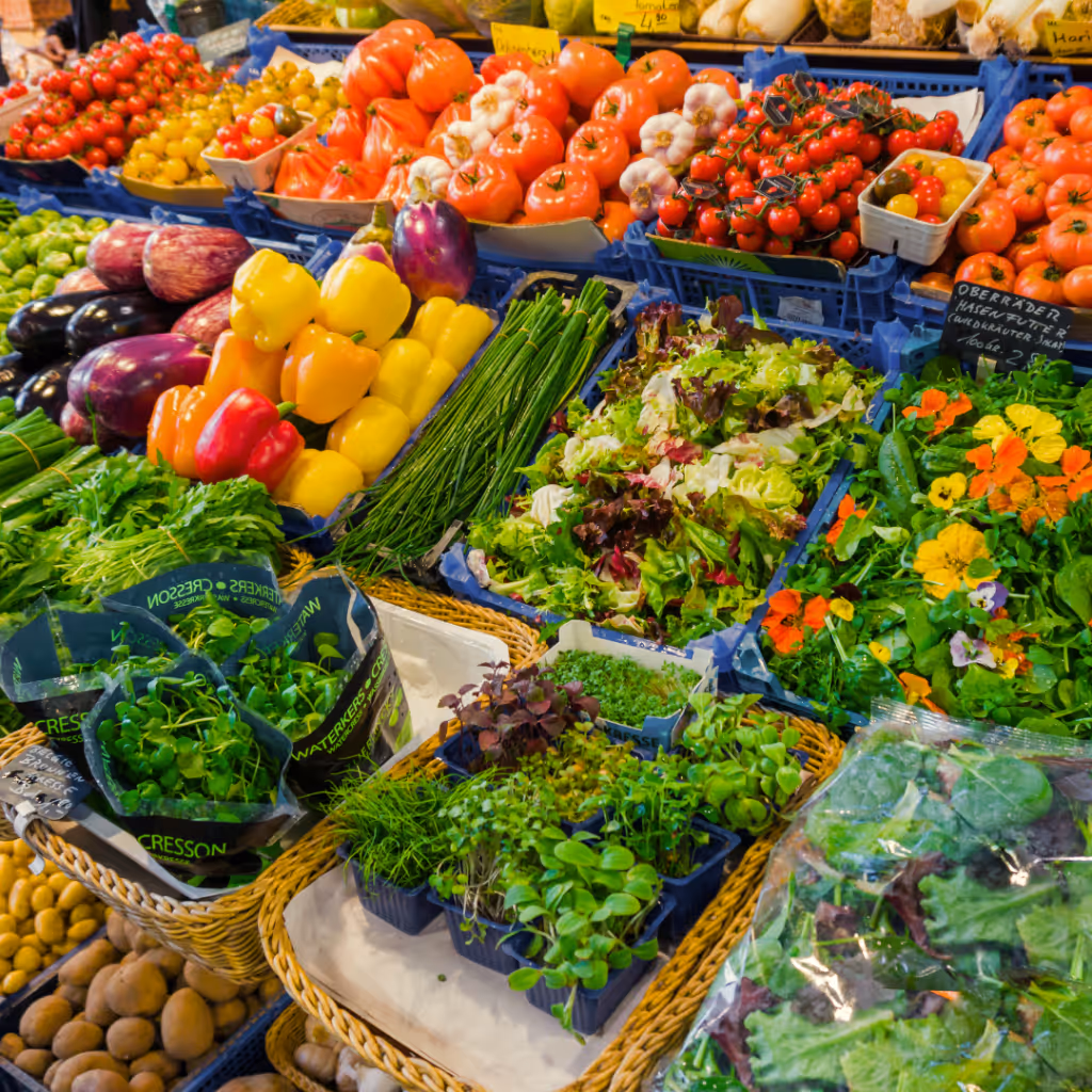Food market with fresh fruit and vegetables
