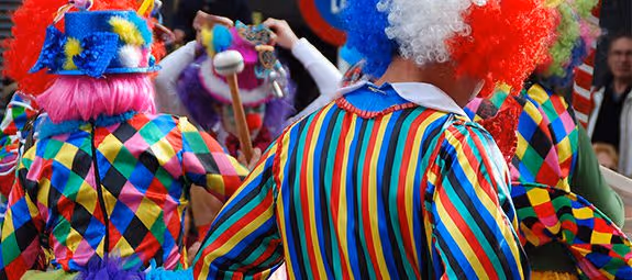 Colourful clown costume worn at a carnival in Spain