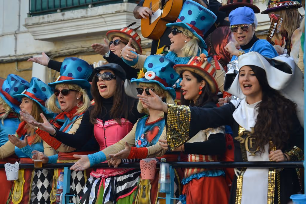 Costumed participants in the streets during the Cadiz carnival