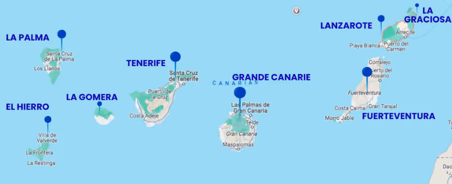 Map of the Canary Islands: La Palma, El Hierro, La Gomera, Tenerife, Gran Canaria, Lanzarote, La Graciosa, Fuerteventura