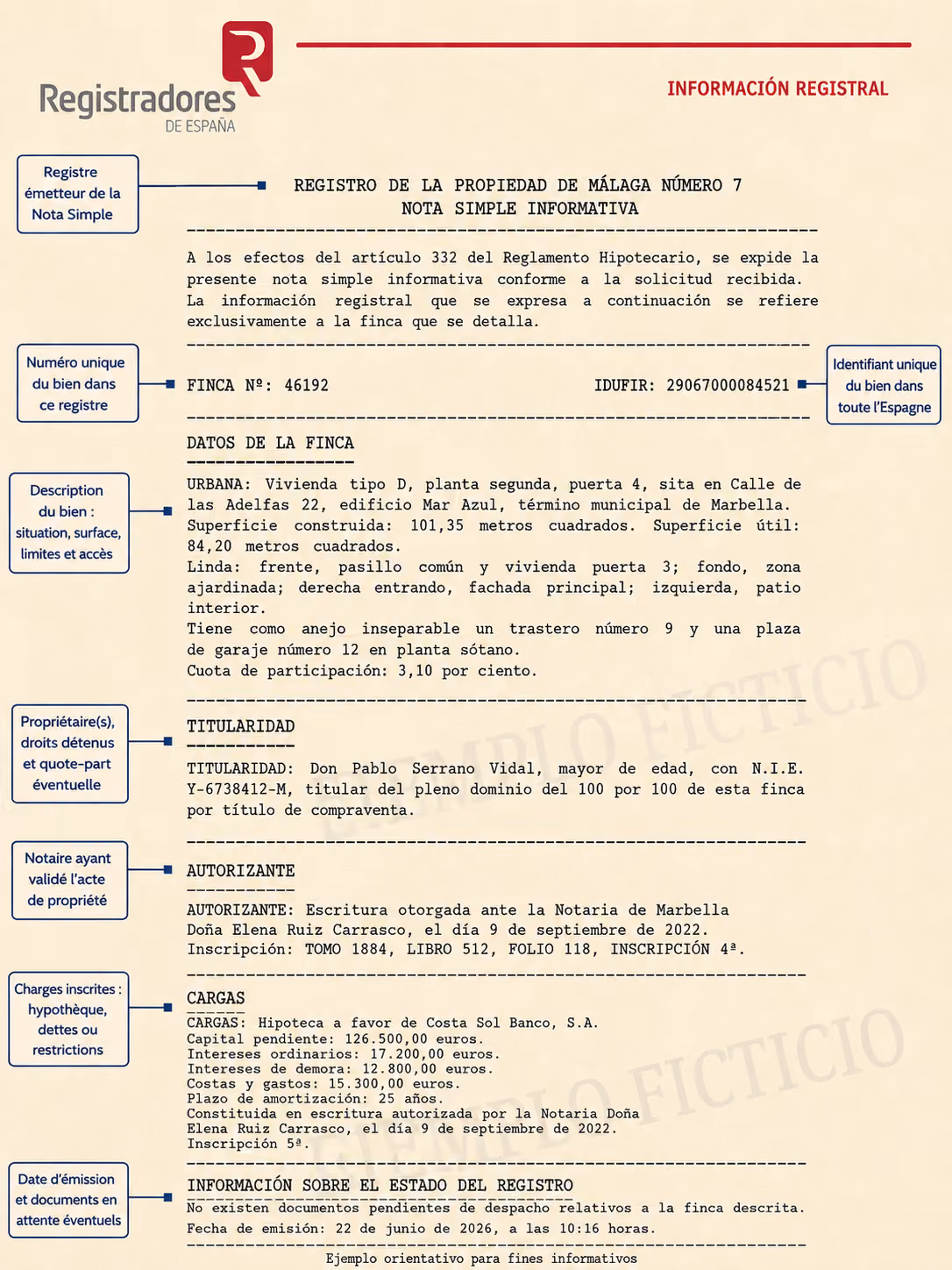 Example of a Spanish nota simple